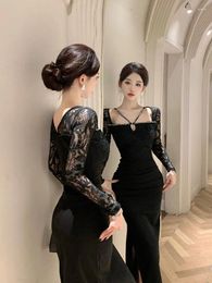 Casual Dresses Fashion Women Vintage Square Collar Long Sleeve Midi Party Dress Coffee Break Sexy Lace Perspective Bodycon Skinny Female