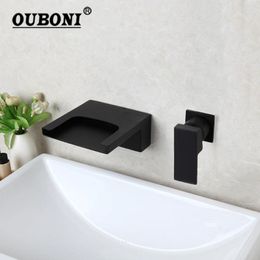 Bathroom Sink Faucets OUBONI Matte Black Bathtub Waterfall Wall Mounted Single Handle Cold Water Basin Tap Mixer