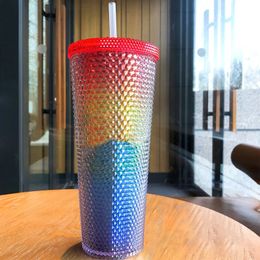 710ml/47l Straw Cup With Milk Tea Drinkware 2-Layer Diamond Radiant Water Bottles For Gift Plastic Reusable Coffee Mugs 240327