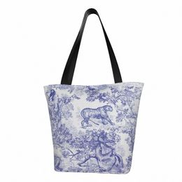 classic French Toile De Jouy Motif Shop Bag Women Shoulder Canvas Tote Bag Animal Floral Navy Blue Art Grocery Shopper Bags g6Wc#