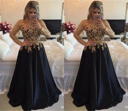 Elegant Black Gold Applique Beads Satin A Line Evening Dresses Long Sleeves Floor Length Formal Dress Evening Party Prom Dresses L8227618