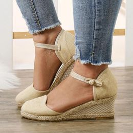 Sandals Women Retro Linen Braided Buckle Shoes Platform Wedge Summer Breathable Round Head Slope Heel For