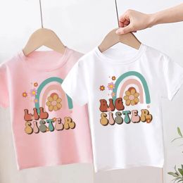 Big Sister Little Sister T-shirt Rainbow Print Girl Matching Tops Summer Sibling Shirt Retro Family Look Outfit Kid Clothes Tee