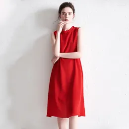 Casual Dresses Red Chiffon Silk Crepe Women Wedding Party 21 Summer Long Sexy Office Work Daily Dress Plus Size Slim Fit A Line
