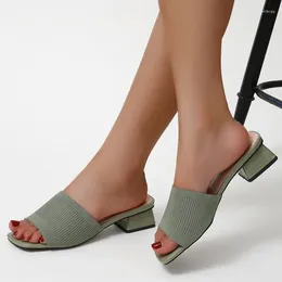 Slippers 2024 Ladies Summer Green Knit Stretch Fabric High Heels Thick Comfortable Fashion Elegant Shoes