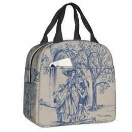 french Toile De Jouy Navy Blue Motif Pattern Thermal Insulated Lunch Bag Lunch Ctainer for Outdoor Picnic Storage Food Box J5WS#