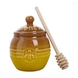 Dinnerware Ceramic Honey Jar Container With Bee Decor Wooden Stirring Stick And Sealing Cover Small For Home