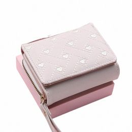 women's Wallet Tri Fold Card Bag PU Multi Objects Pocket Short Fi Embroidered Love Pattern Korean Minimalist New 2023 38yn#