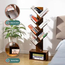 Yoobure Tree Bookshelf - 6 Shelf Retro Floor Standing Bookcase, Tall Wood Book Storage Rack for CDs/Movies/Books, Utility