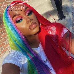 Rainbow Colour 13x4 Straight Lace Front Wigs Human Hair Red Green Blue Purple Highlight Wig Transparent 13x6 HD Lace Frontal Wig