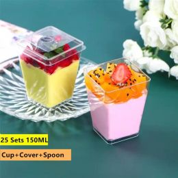 Onderdelen 25 Sets 150ml Square Jelly Cup Disposable Pudding Cup Mini Mousse Cup with Lid Spoon Set for Shop Restaurant Bar