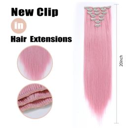 20Inchs 16 Clips in Hair Extensions Long Pink Straight Hairstyle Synthetic Clips In Hair Women Cosplay Hairpieces Heat Resistant
