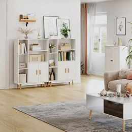 Floor Storage Cabinet with 2 Shelves and 3 Cubes, Bookcase with Doors, Bookshelf Cabinet with Legs for Kitchen, Living Room