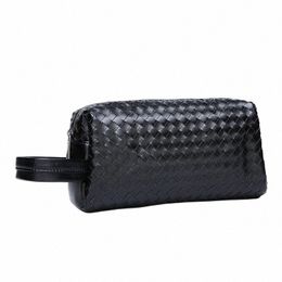unisex Genuine leather woven Male Actor cosmetic bag portable make up zipper pouch large capacity handbag casual day clutch bag w5wY#