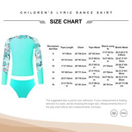 Kids Girls Print Swimwear Swimsuit Long Sleeve Swim Tops with Briefs Rash Guards Bathing Suit for Surfing Beach Pool Water Park