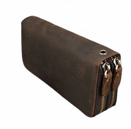 maheu Double Zipper Women Men Lg Wallet Vintage Leather Male Clutch Purse Man Phe Card Coin 100% Genuine Leather Men Wallet M2iS#