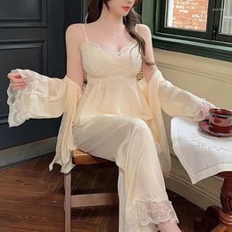Women's Sleepwear Jxgarb 3Pieces Robes Tops Trousers Ice-silk Lace Trim Pajamas Sets Fashion Femme Pad Chest Sexy Nightwear Dropship