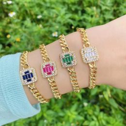 Bracelets 5PCS, Geometric Square Shape CZ Cubic Zircon Curb Chain Bracelet For Women Girls Hip Hop Gold Chunky Chain Bracelets Jewellery