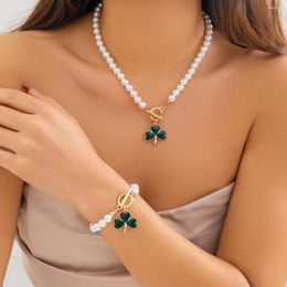 Necklace Earrings Set Women'S Jewellery Simulated Pearl Bracelet Green Clover Pendant Fashionable And Personalised Exquisite