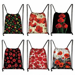 cute Poppy Fr Print Drawstring Bag Women Casual Backpack Outdoor Canvas Shoulder Bags for Travel Shoes Storage Holder Bag b1p3#