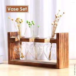 Vases Glass Vase Wooden Frame Hydroponic Plant Vintage Flower Pot Table Desktop Bonsai Heart Shape Store Decoration