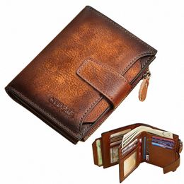 men's Genuine Leather Wallet Vintage Short Multi Functi Busin Card Holder RFID Blocking Zipper Coin Pocket Mey Clip D9Ha#