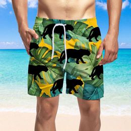 Men's Shorts Summer Hawaiian Casual Board Men Leaves Print Swimming Trunks Drawstring Double Pocket Beach Vacation Swimwear