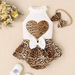 Clothing Sets Baby Girls Casual Shorts White Sleeveless Ribbed Tops And Leopard Print PP Headband Summer Outfits