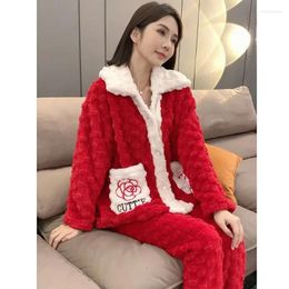 Women's Sleepwear 2024 Coral Velvet Thickened Mesh Red Pajamas Women Autumn And Winter Cardigan Small Fragrant Wind Home Wear Set