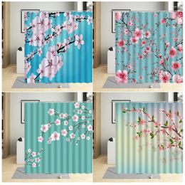 Shower Curtains Japanese-style Pink Plum Floral Curtain Flower Plants Painting Decor Fabric Bathroom Home Waterproof With Hooks