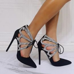 Dress Shoes European And American Rhinestone Trimmed Glitter Hollowed Out Stiletto Nightclub Oversized Pointed Women's Singles
