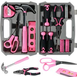 37Pcs Household Repair Tool Kit Multipurpose Pink Home Hand Tool Set with Storage Case Durable Hammer and Screwdriver Set with