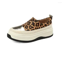 Casual Shoes Soft Leather Thick Bottom Fluffy Colorblocking Loafers Female Slope With Round Head Leopard Print Lazy Platform Sneakers