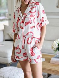 Home Clothing Fashion Satin Pajamas Womens Short Sleeve Sleepwear Soft Silk Button Down Loungewear Shorts Set S-XL