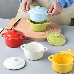Ceramic Stew Pot Macaron Baby Steamed Egg Bowl Kid Food Supplement Special DoubleEared Custard With Lid For Home 240320