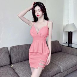 Casual Dresses Sexy Low Cut Ruffled Edge Slimming Wrap Arm Short Skirt For Women With Waistband Tight Suspender Dress Mini