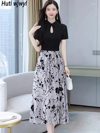 Party Dresses 2024 Black Patchwork Floral Causal Midi Dress Summer Short Sleeve Office Lady Women Elegant Luxury Night Maxi