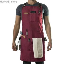 Aprons Hot Canvas Multi-functional Tool Pocket Hairdresser Woodworking Overalls Kitchen Chef Waterproof Apron For Woman Man Custom Y240401