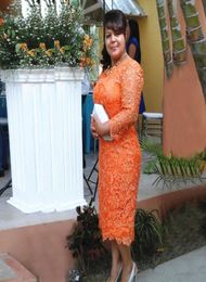 Orange Lace Short Mother of the Bride Dresses Plus Size VNeck Tea Length 34 Long Sleeve Sheath Formal Evening Party Gowns M1029300573