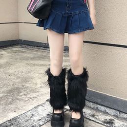Women Vintage Furry Leg Warmer Winter Warm Harajuku Gothic Solid Colour Faux Fur Shoes Cuffs Cover Socks Streetwear