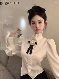 Women's Blouses Gagarich Small Fragrant Wind Horn Bubble Sleeves Satin Tops 2024 Autumn Winter Women French Half High Neck Inner Chiffon