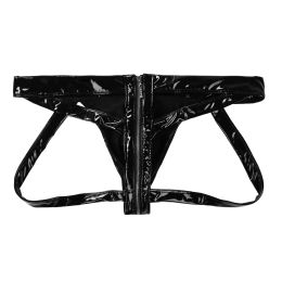 Sexy Mens Wet Look Patent Leather Lingerie Briefs Jockstrap Low Rise Bulge Pouch Back Cut Out Double-ended Zipper Underwear