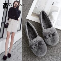 Casual Shoes Bow-knot Fur Cotton Women Solid Winter Slip On Moccasins Celebrities Round Toe Warm Loafers Hairy Fleeces Flats Woman 2024