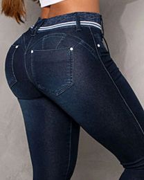 Spring Autumn Woman's Pure Color Jeans Vintage Denim Drawstring Pocket Design Skinny Jeans Ankle Length Streetwear Women Pants