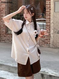 Women's Blouses Striped Shirts Women Summer Baggy Streetwear Sweet Korean Style All-match Half Sleeve Casual Clothing College Daily