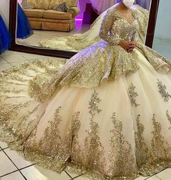 Elegant Long Sleeve champagne gold Quinceanera Dresses Ball Gown Girls Princess Satin Prom Masquerade Sweet 16 Dresses for 15 Year1817080