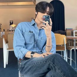 2024 Spring Clothing Mens Denim Longsleeved Pocket Shirt Casual Korean Turn down Button Streetwear Luxury Big Size Stylish 240326