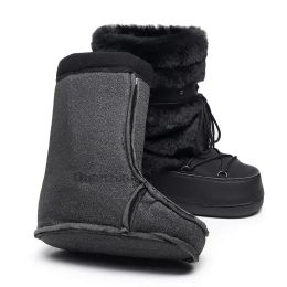 Rivet Fluffy Fur Snow Boots Women Boots Platform Flat Heel Mid-calf Boots Winter Shoes Outdoor Space Ski Boots Street Punk Black