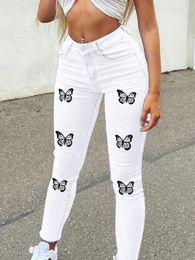 Women's Jeans Fashion Butterfly Print White Pencil High Waist Slim Denim Trouser Pants Streetwear Lady Casual