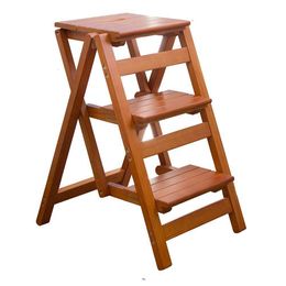 KINGBO Adult Ladder/counter Chair, 3-step Folding Portable Wooden Step Stool, Non Slip and Lightweight (nut Brown)